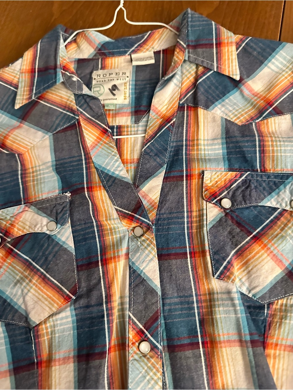 Roper Plaid Button-Down Western Shirt in Blue, Orange, Cream